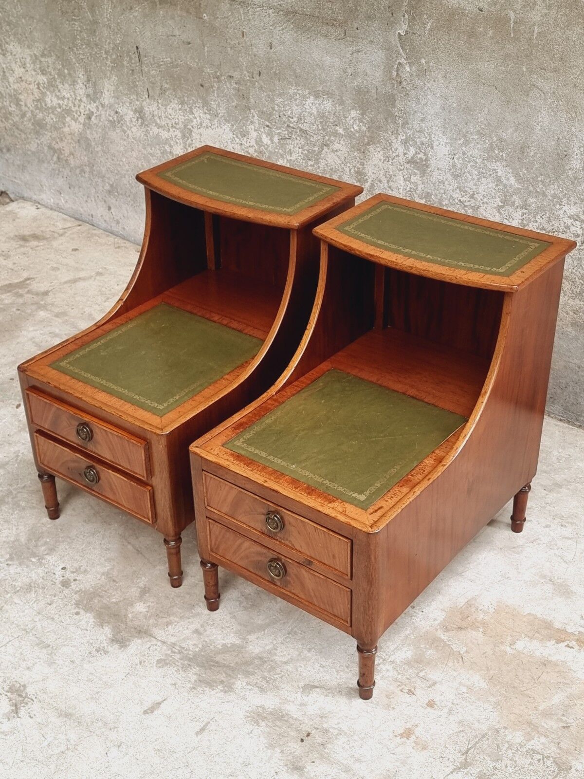 Set of mid century bedside tables with inlaid leather