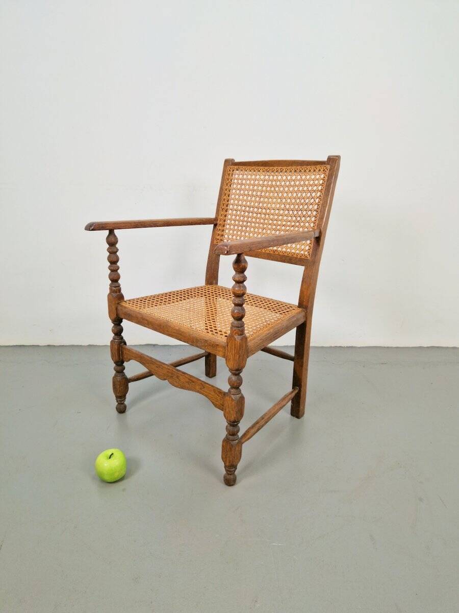 Arts & Crafts Dutch Spool Chair in Oak and Rattan, 1930s