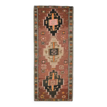 Vintage Turkish Oushak handmade wool cotton brown runner rug 137X338
