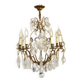Grand French Louis XV Gilt Bronze Glass & Crystal 8 Light Cage Chandelier 4085