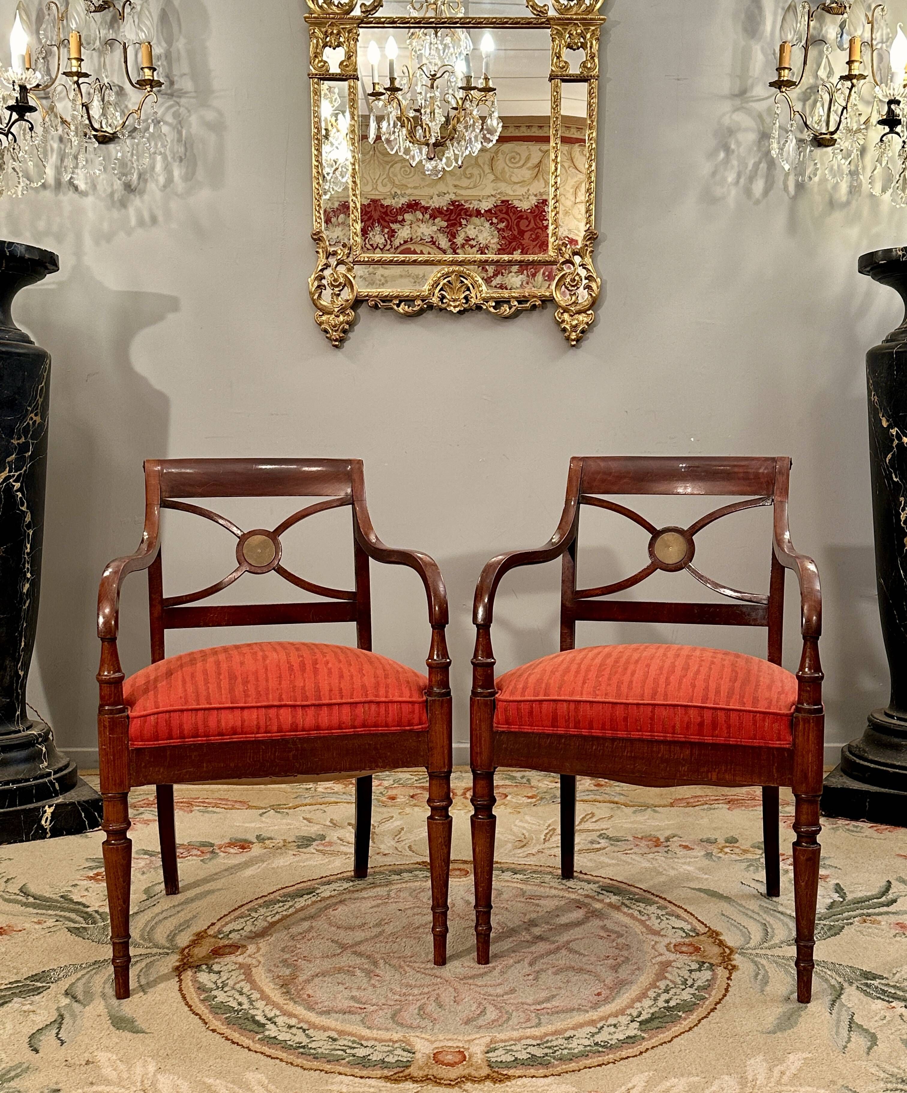 Maurice Hirch, Pair Of Stamped Mahogany Armchairs, 20th Century