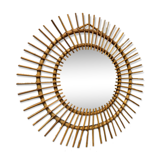 Miroir soleil vintage en rotin