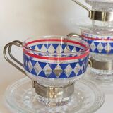 Four vintage coffee cups screen printed glass and metal