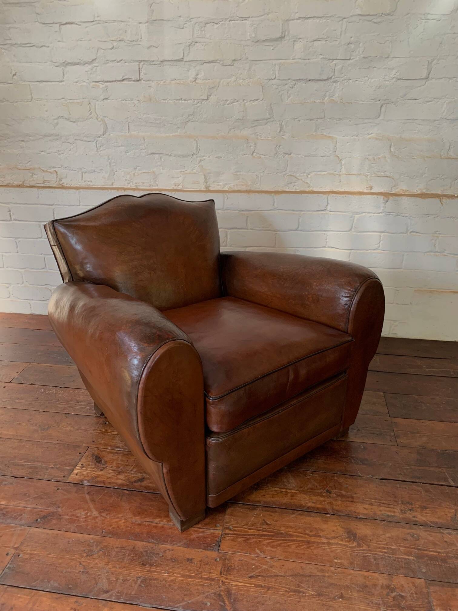 French Leather Club Chair, Havana Mustache Model, with Cuban Cigar Arms, Circa 1930's
