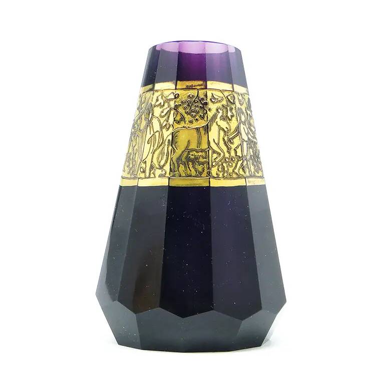Art Deco vase, amethyst glass, gilded oroplastic, Moser, Czechoslovakia, 1930s