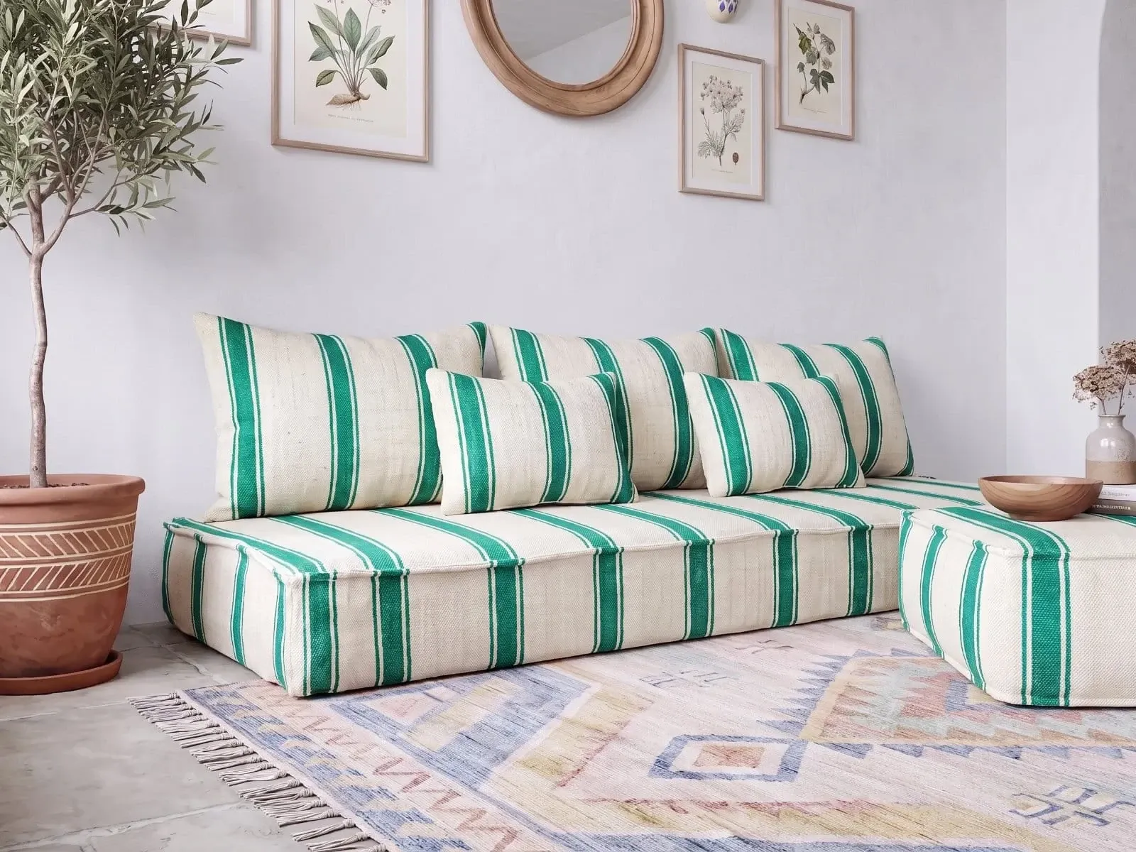 Emerald striped Moroccan living room set with pouf.