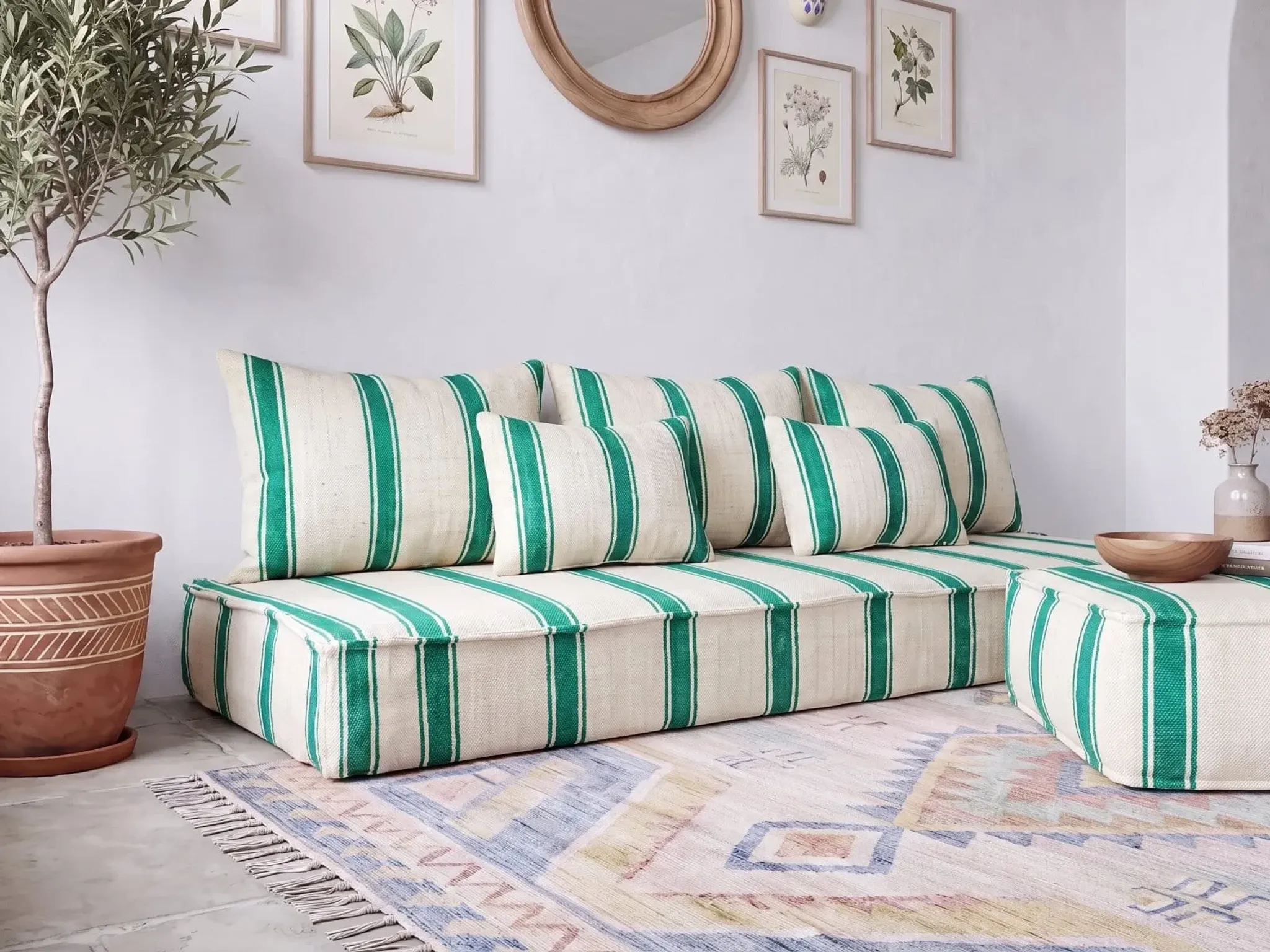 Emerald striped Moroccan living room set with pouf.