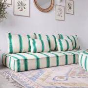 Emerald striped Moroccan living room set with pouf.