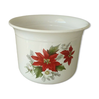 Cache pot en faience decor fleurs de noel poinsettia