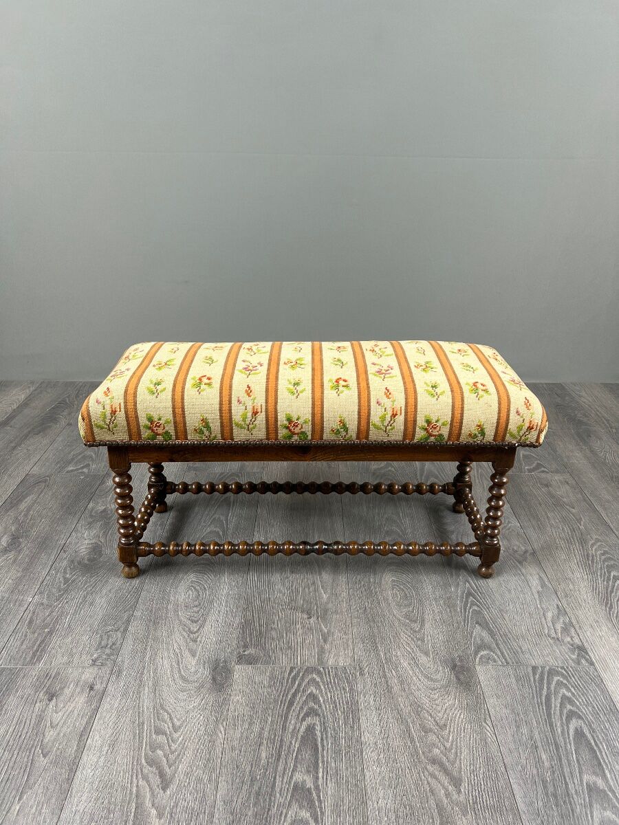 Antique Turned Wood Bench, Floral Tapestry Seat, 20th Century