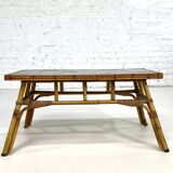 50s/60s coffee table in rattan and ceramic