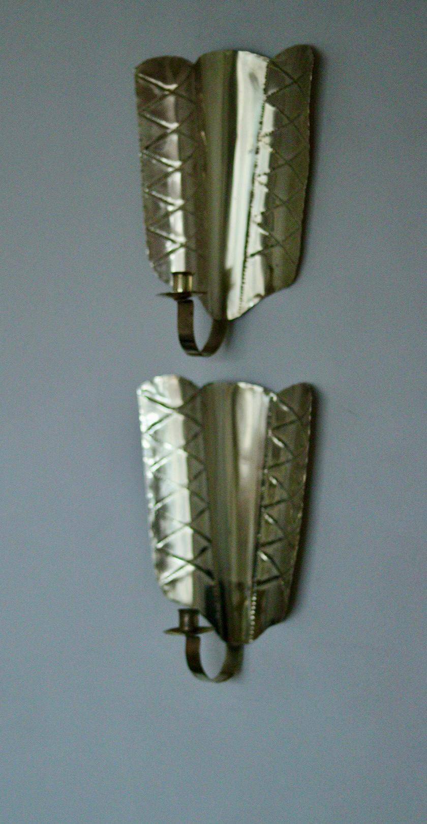 Pair of mid-century Swedish brass shield shape sconces