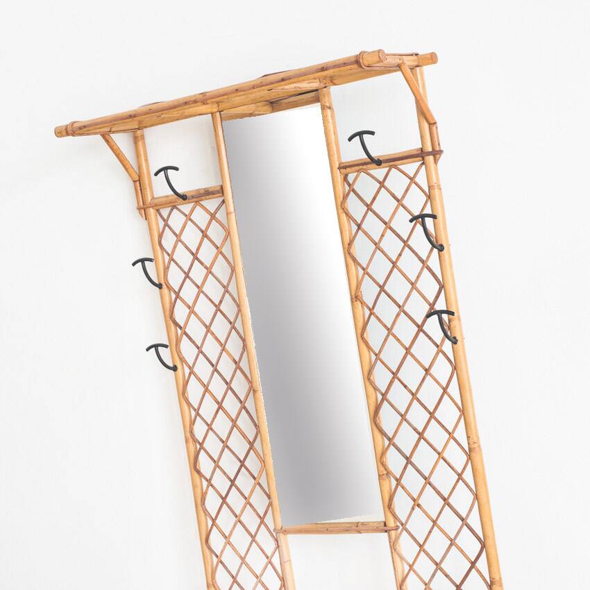 Vintage hall coat rack with mirror. Cane and metal. France, 1960s