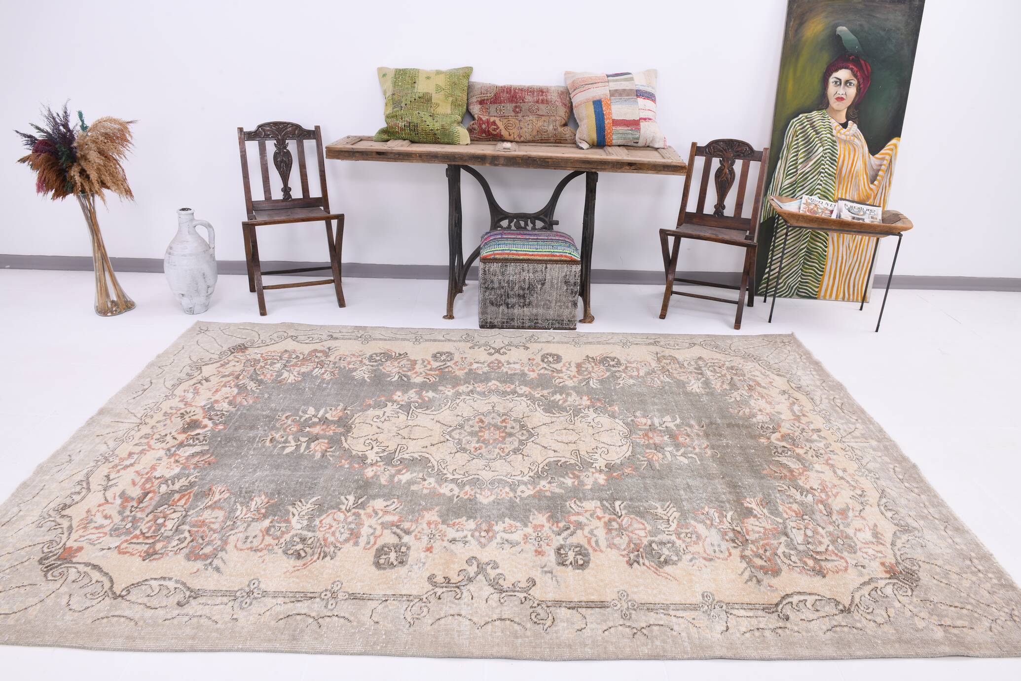 6x9 Ash Gray Handmade Wool Turkish Vintage Rug, 188x290Cm SK 5073