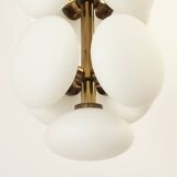 Brass and opaline Sputnik chandelier by Kaiser Leuchten, Germany, 1960s.