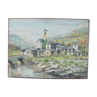 Tableau, vue sur un  village au pied des montagnes