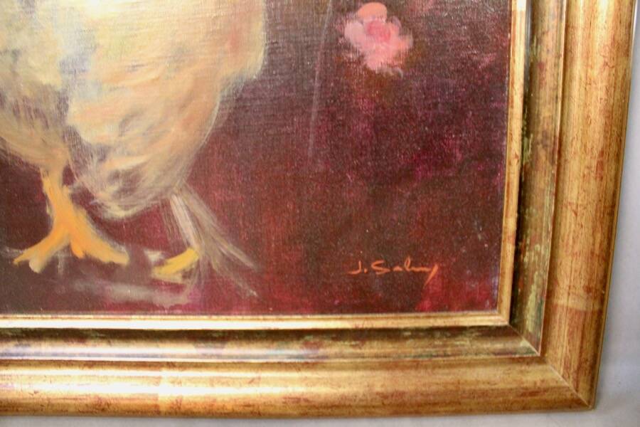 Oil on canvas with chicken and flowers decoration