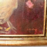 Oil on canvas with chicken and flowers decoration