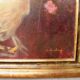 Oil on canvas with a decoration of a hen and flowers.