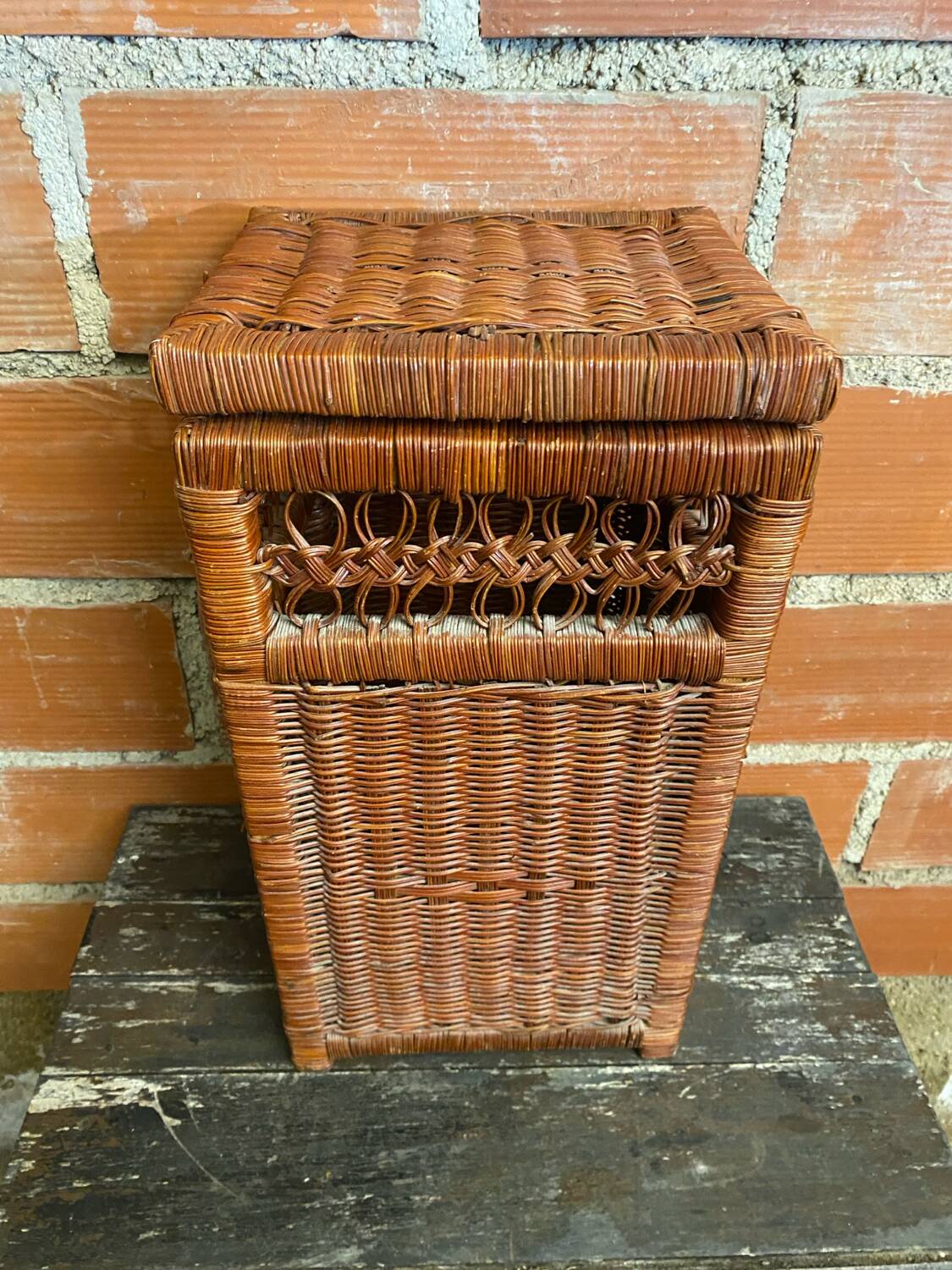 Antique basket, tall wicker woven bread basket, vintage laundry basket
