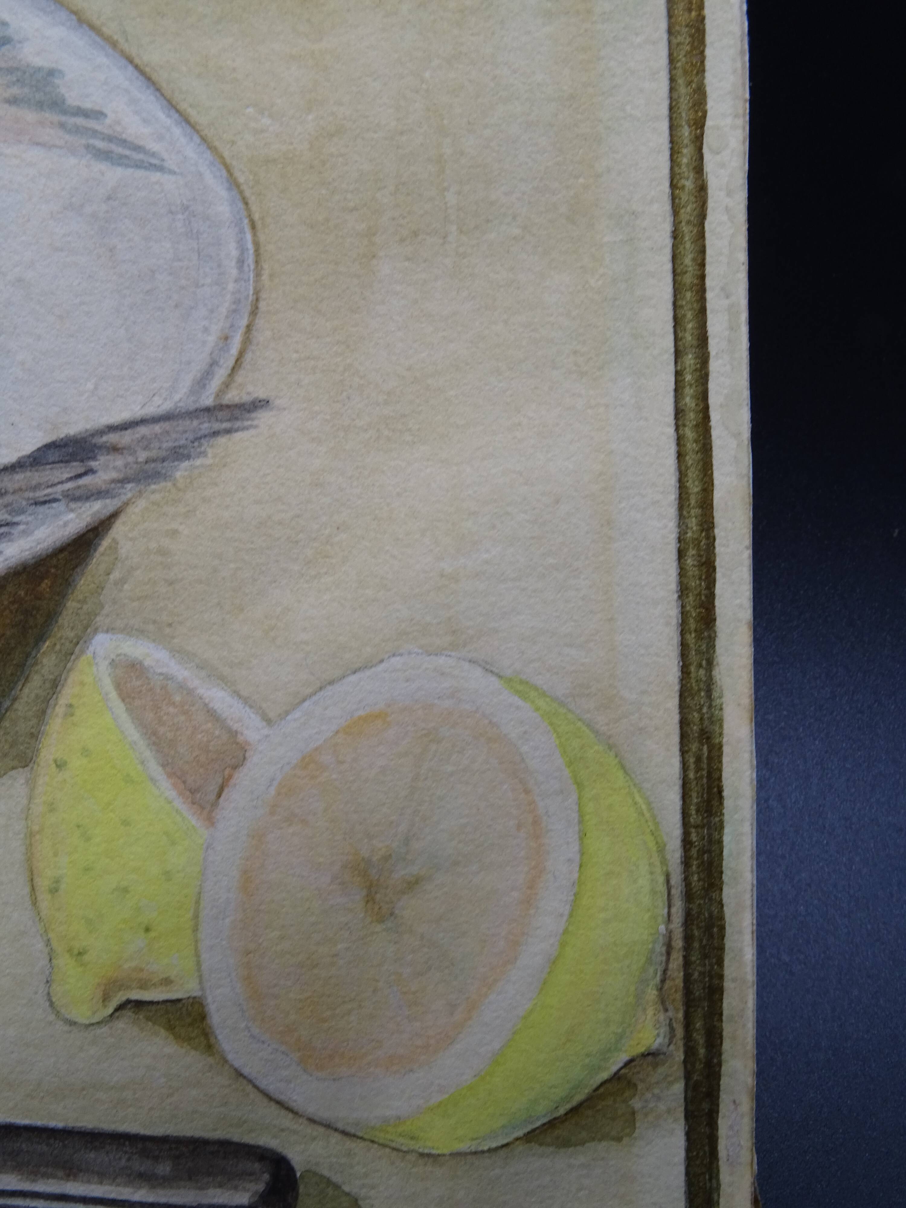 Still life with Pisces, lemon and knife by Louis Chavannes - Watercolor dated 1945
