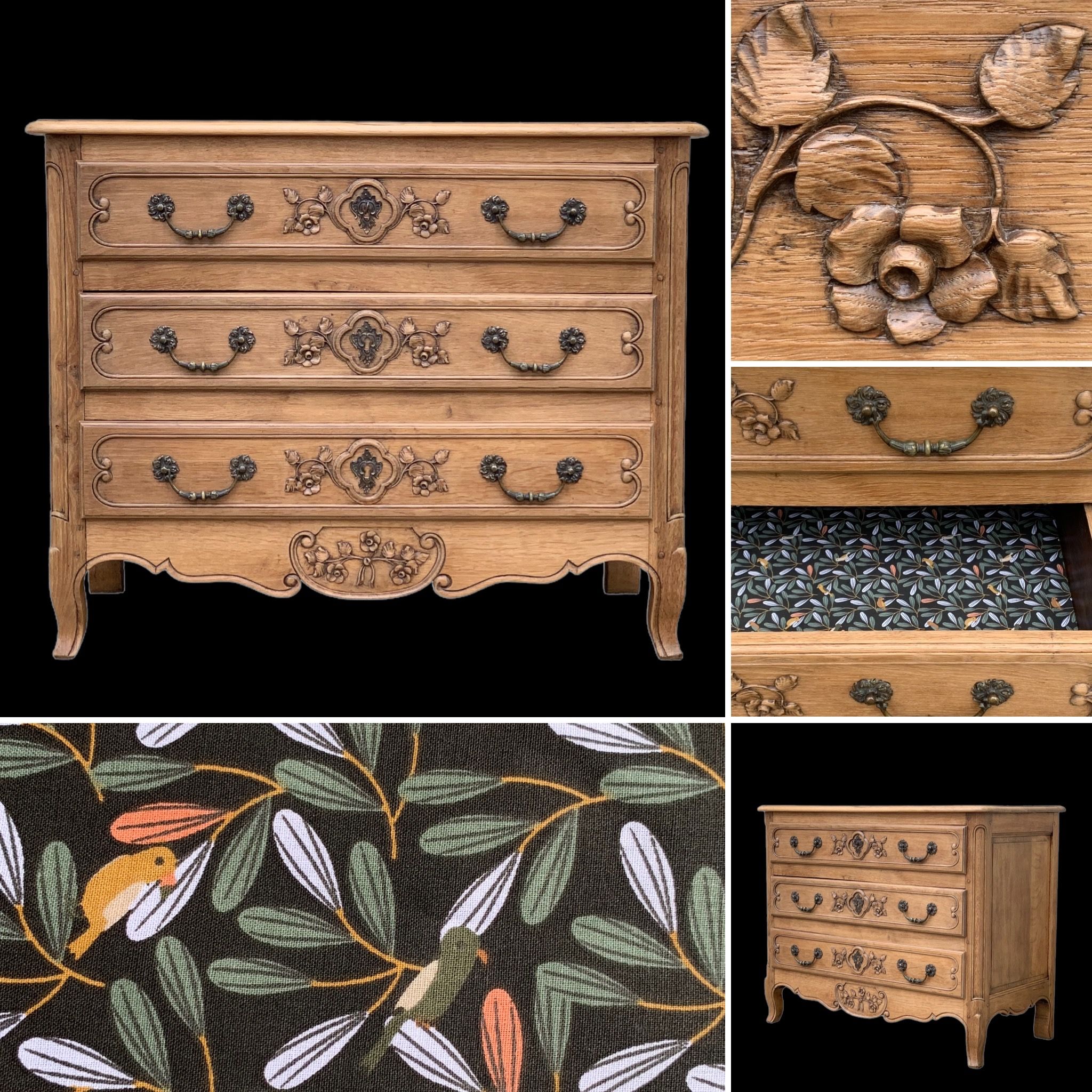 Louis XV style chest of drawers, solid raw oak, 1920.