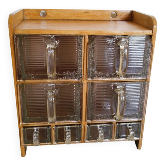 Wooden spice rack and glass drawers, vintage French