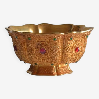 Qing Dynasty Style Six Petal Lace Bowl Tangled Branches Pure gilt Copper Set With Precious Stones Ha