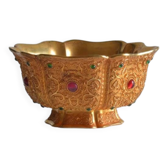 Qing Dynasty Style Six Petal Lace Bowl Tangled Branches Pure gilt Copper Set With Precious Stones Ha