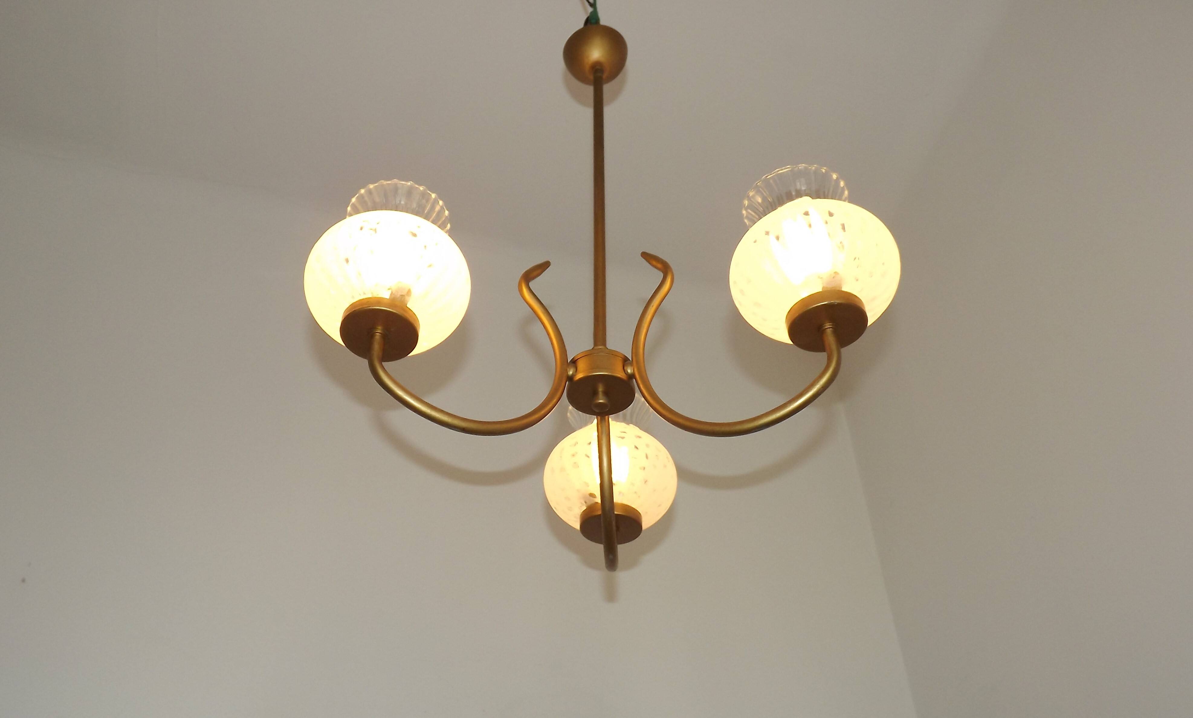 French Mid Century 3 Light Gold Metal Chandelier Textured Glass Shades