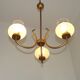 French Mid Century 3 Light Gold Metal Chandelier Textured Glass Shades