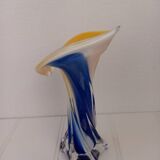 Vase arum jaune blanc bleu style murano non signé
