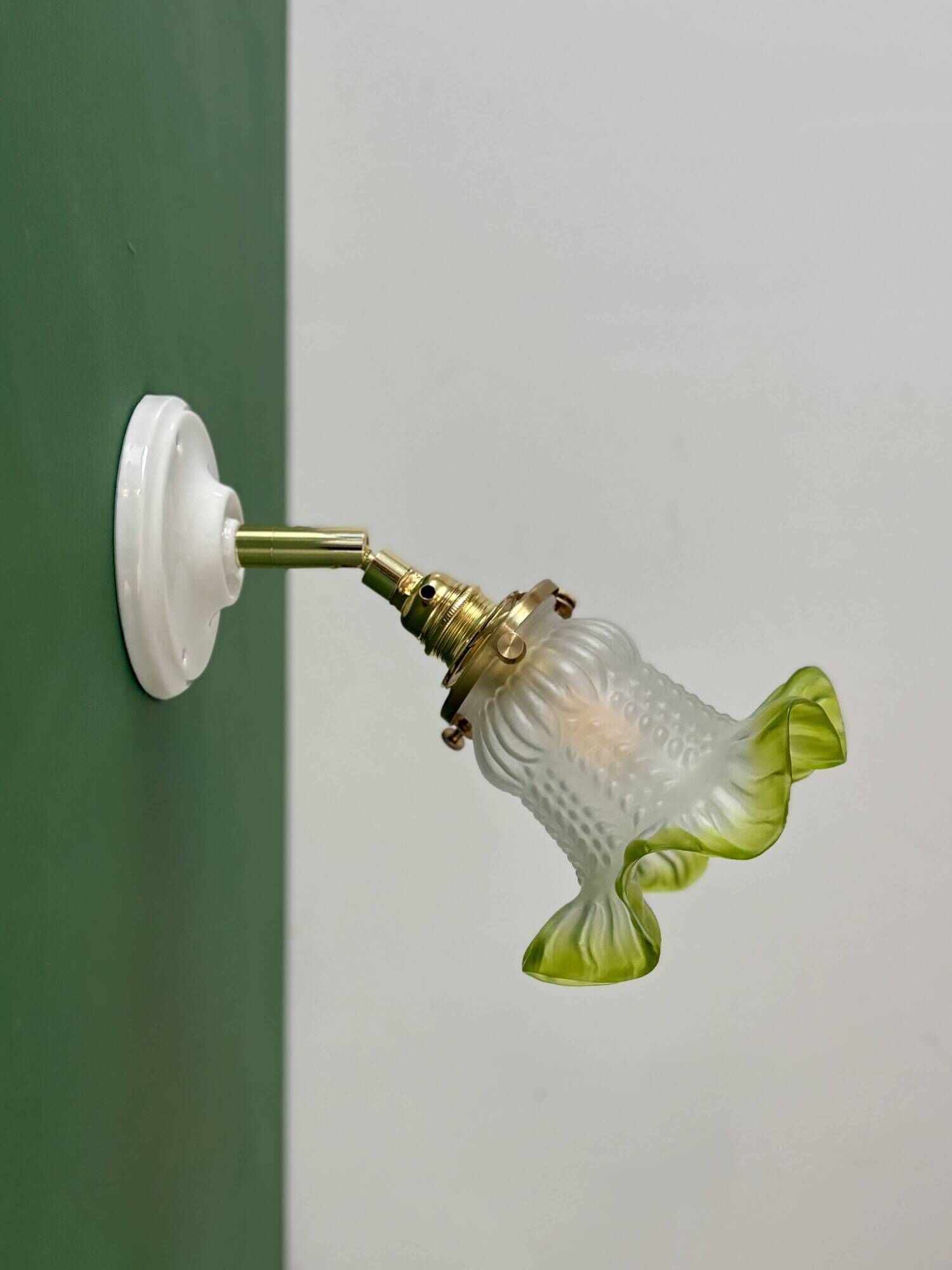 Vintage green frosted glass tulip wall light