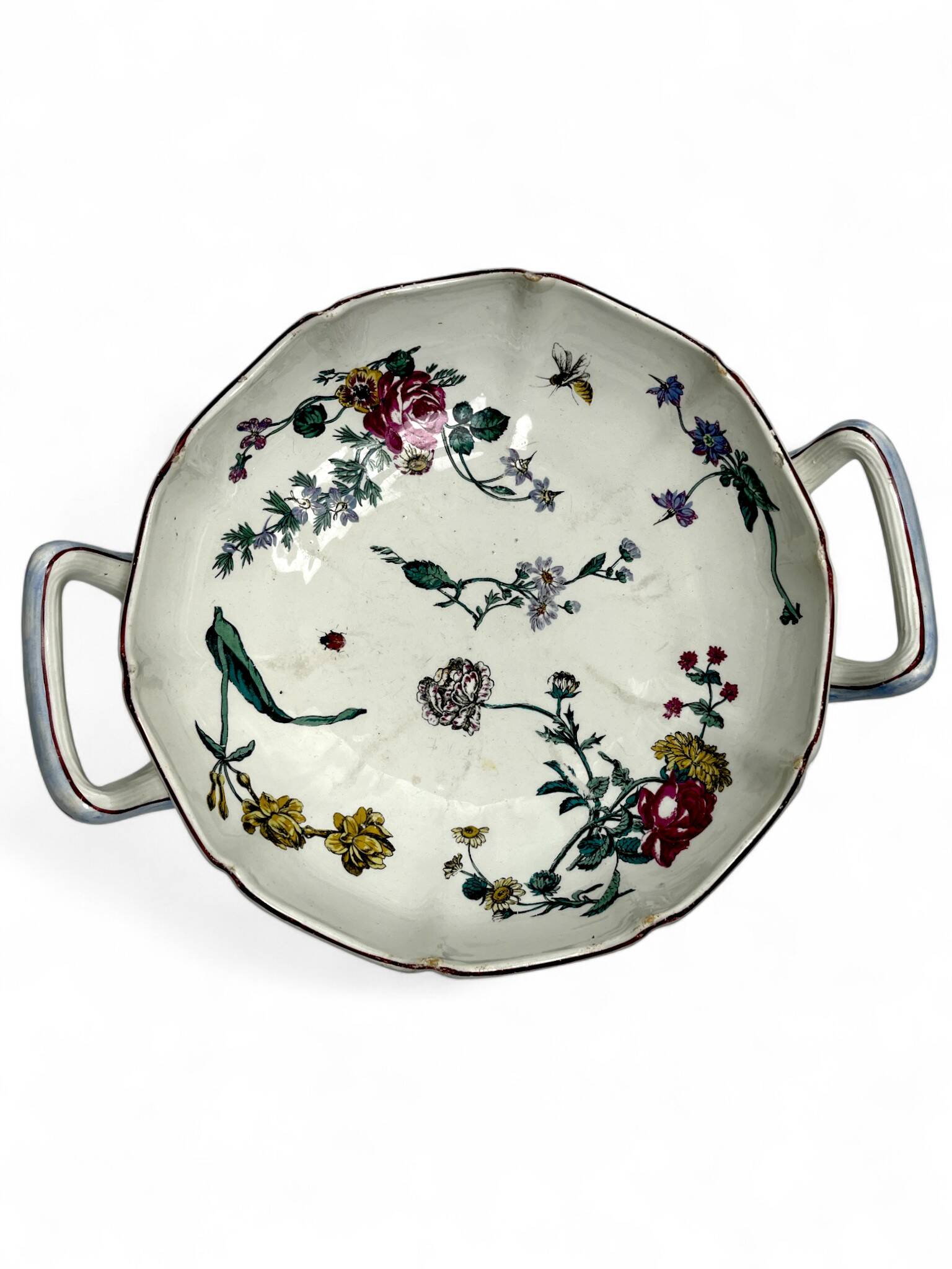 Gien, coupe faïence polychrome insectes et fleurs fin XIXème