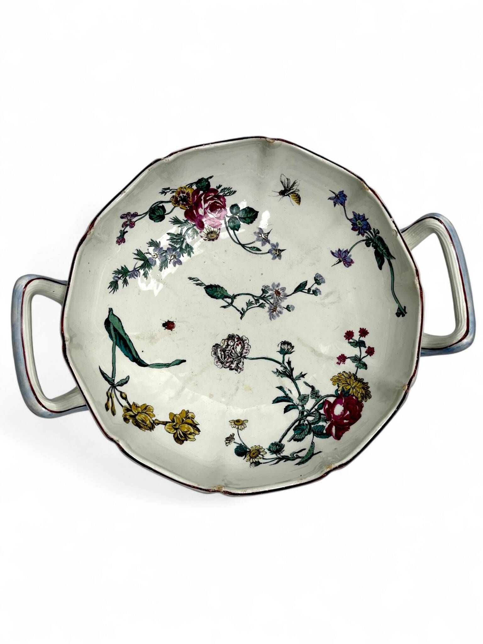 Gien, coupe faïence polychrome insectes et fleurs fin XIXème