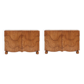 Pair of Oak Wood Sideboards with Travertine Top. Italian Contemporary Design