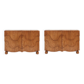 Pair of Oak Wood Sideboards with Travertine Top. Italian Contemporary Design
