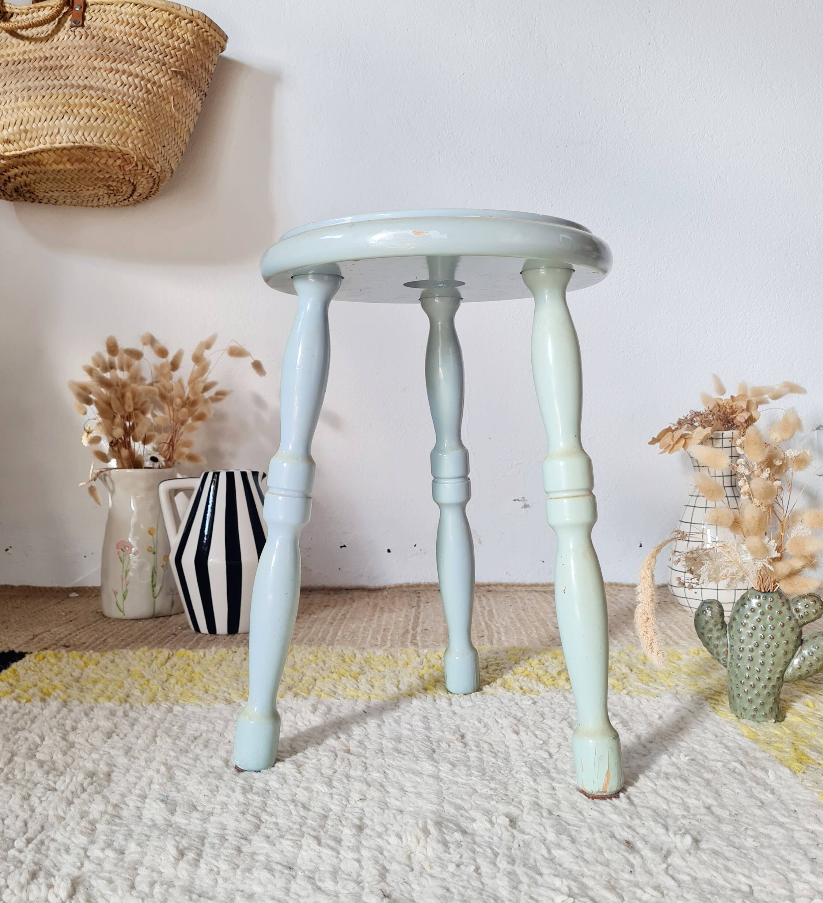 Antique tripod stool, solid wood, blue.