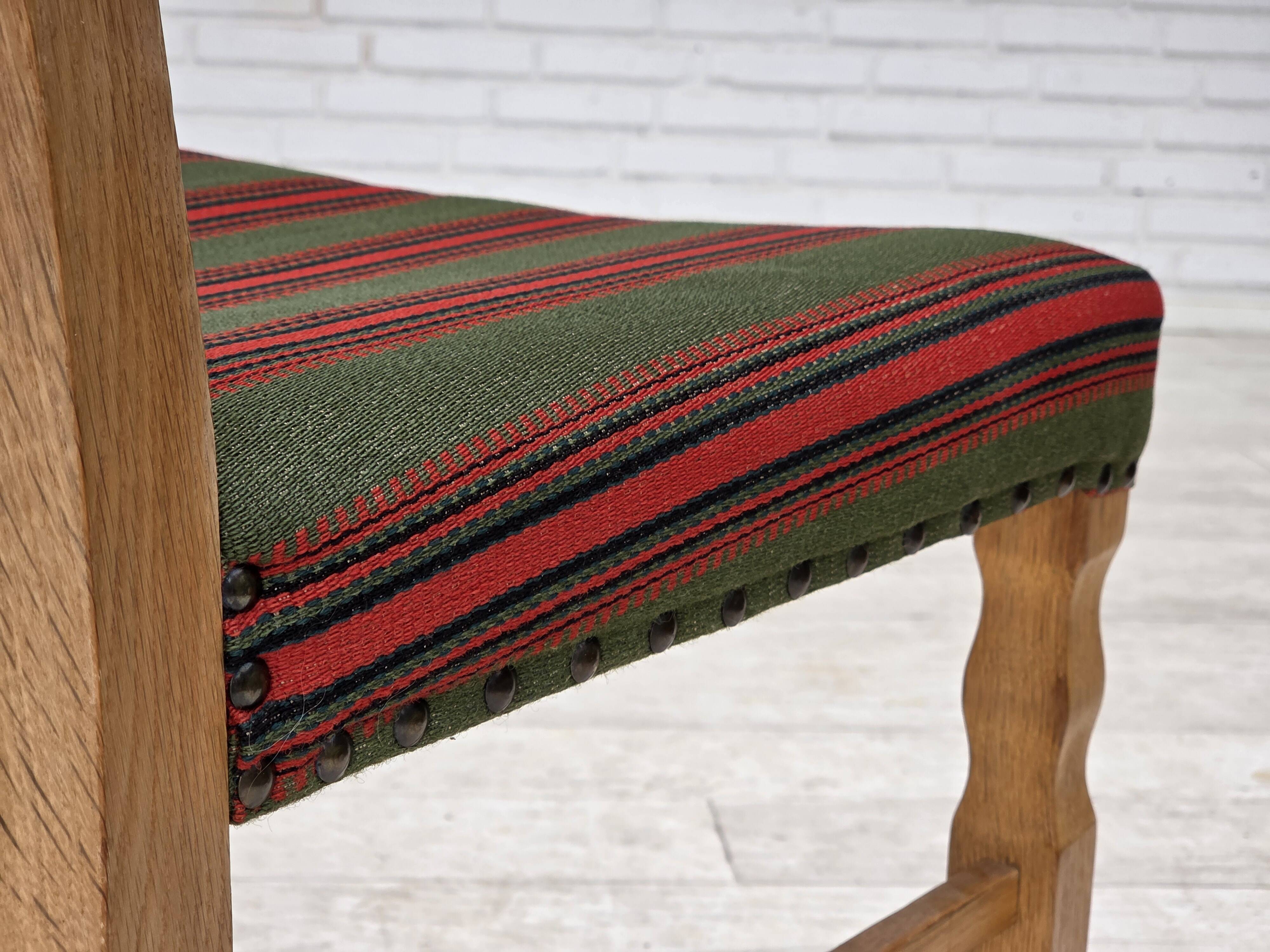 1970s, set of 2 Danish dining chairs, furniture wool, solid oak wood.