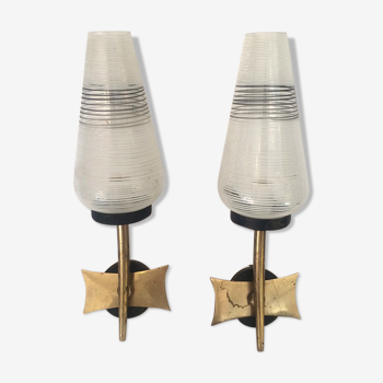 Pair of metal and brass wall sconces - decorated glasses, 1960