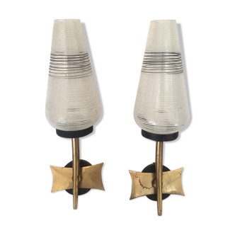 Pair of metal and brass wall sconces - decorated glasses, 1960