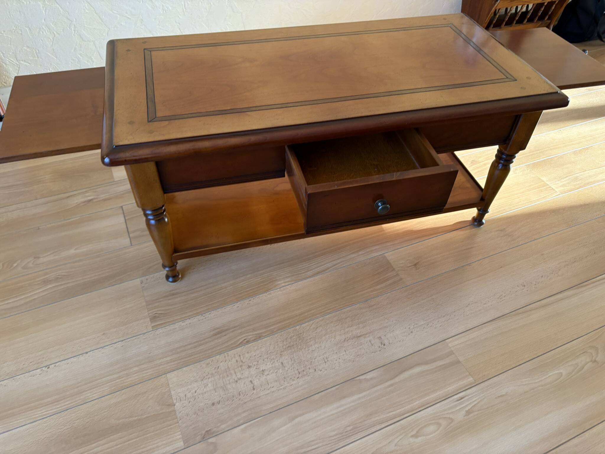 Vintage wooden coffee table with drawer and shelves