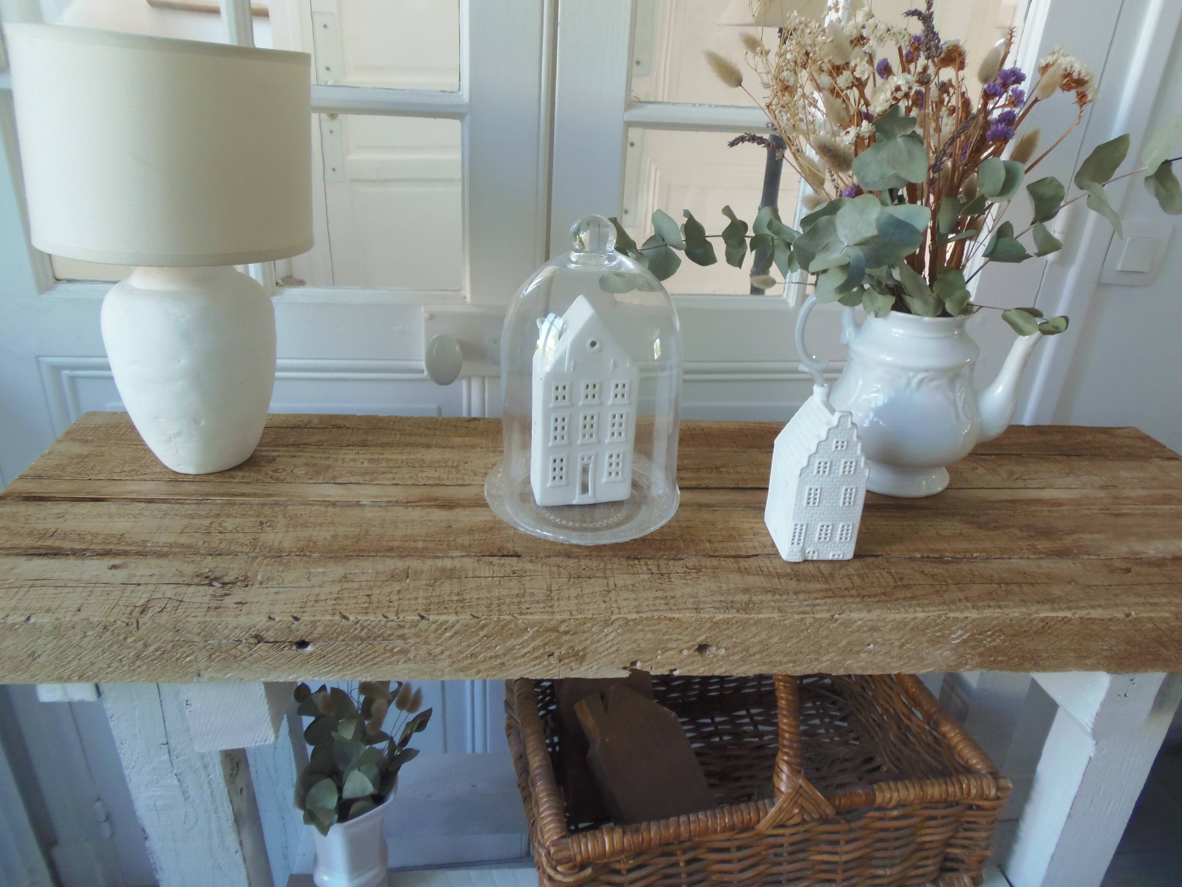 Vintage workbench with pearl gray patinated base and wooden top