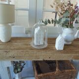 Vintage workbench with pearl gray patinated base and wooden top