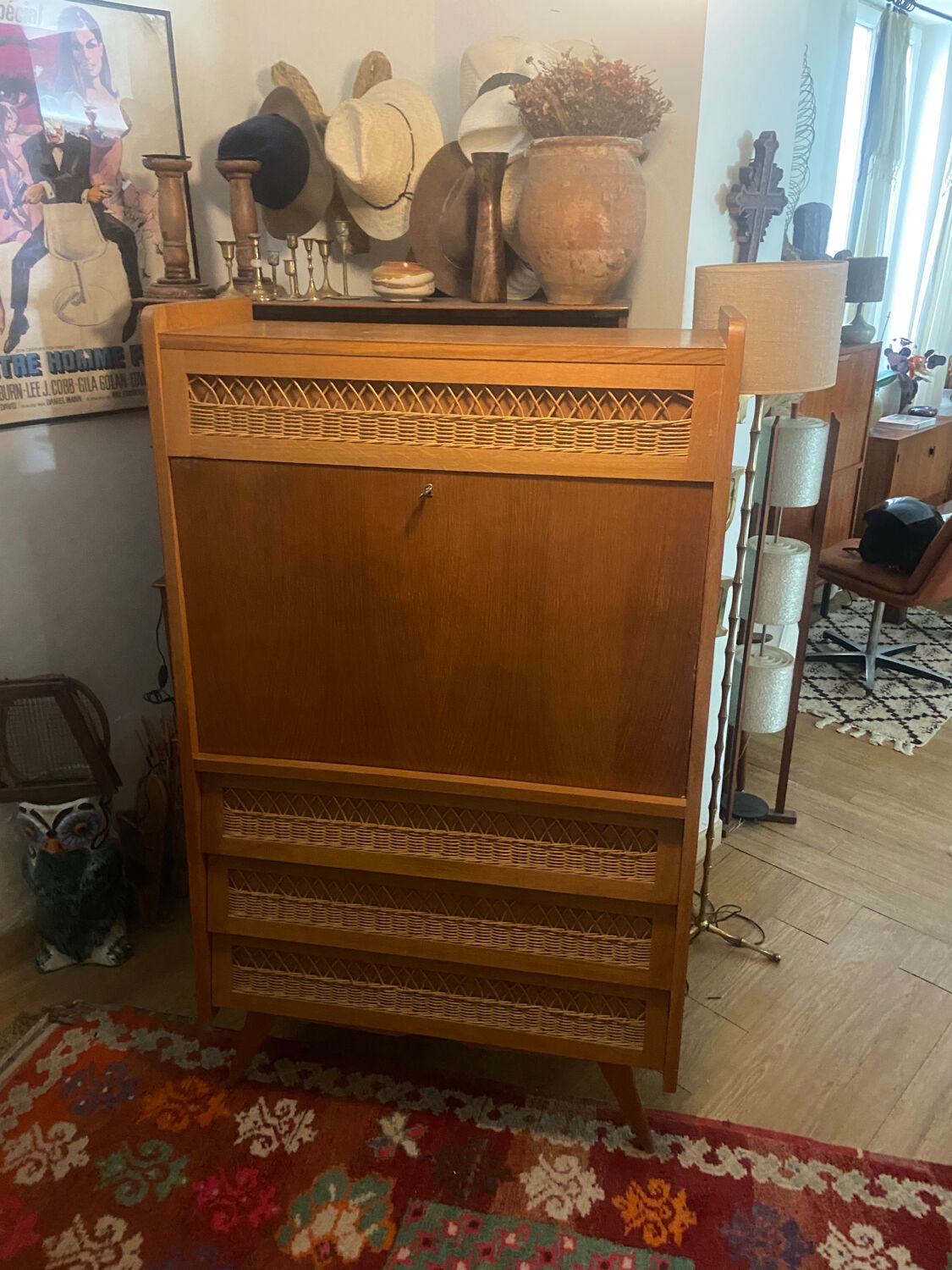 Vintage wooden and rattan secretary