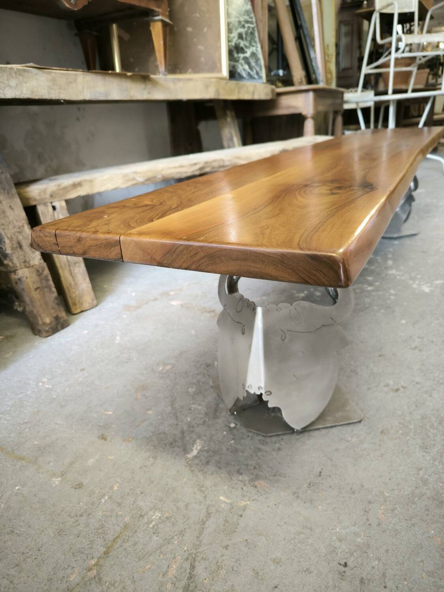 Walnut and stainless steel bench, 1980