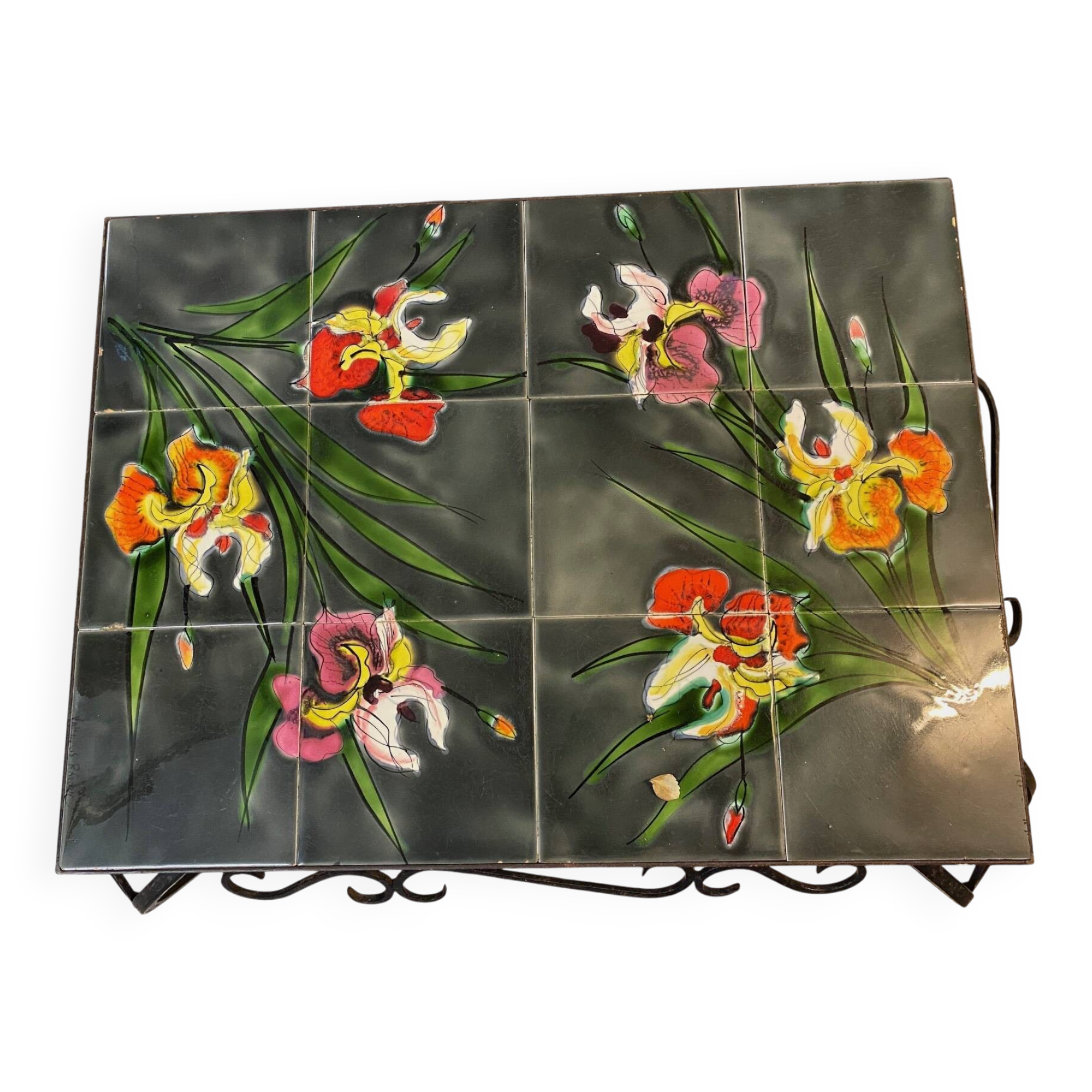 Vallauris coffee table signed rheaul faience tiles, flowers and wrought iron