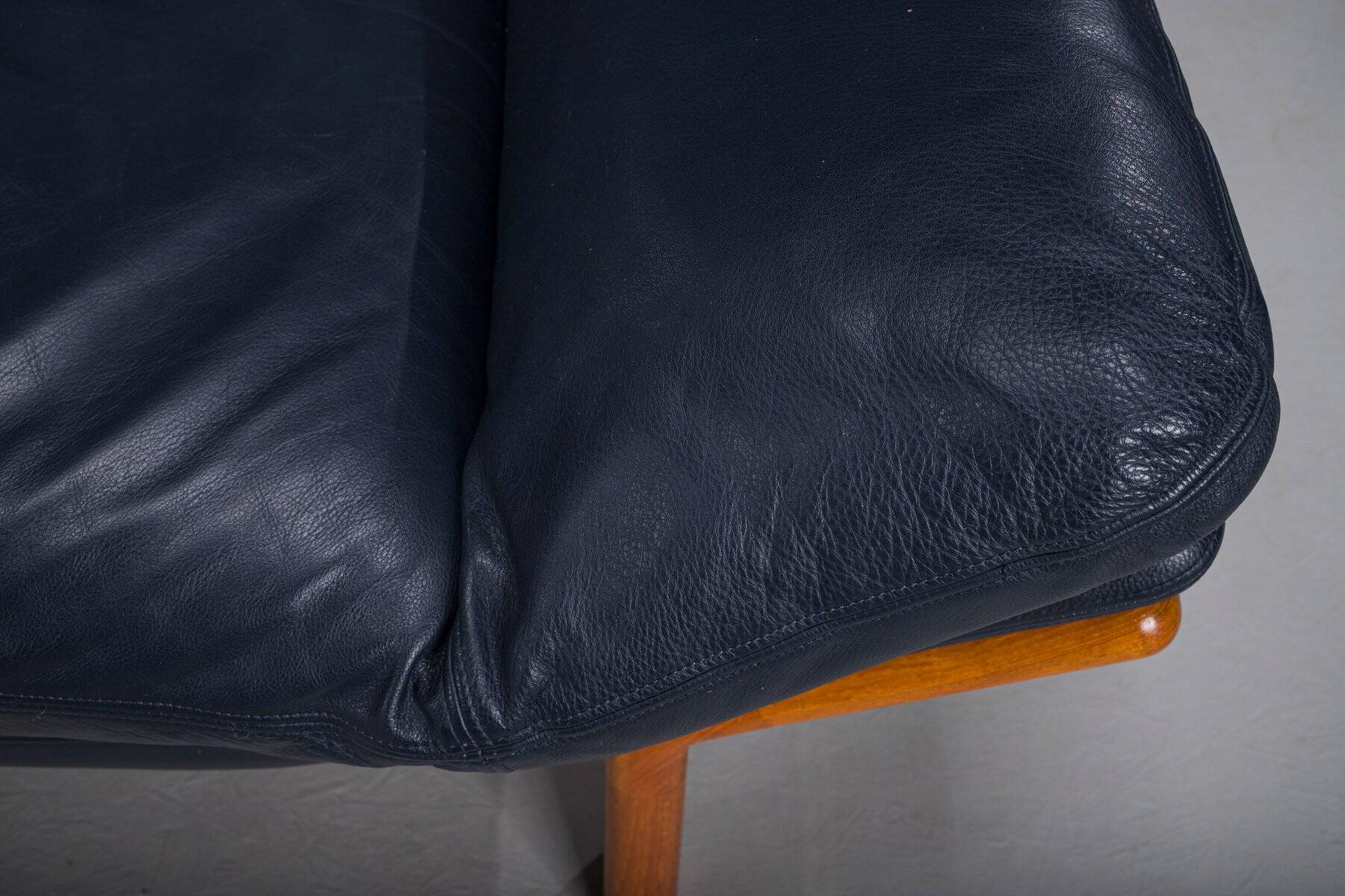Danish teak and navy blue leather 3-seater sofa from Komfort, 1970s