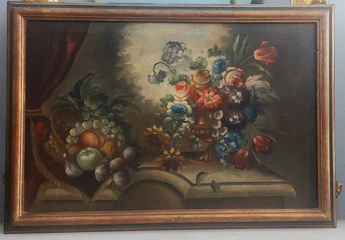 Peinture à l'huile sur toile nature morte aux fleurs, début du XIXe siècle