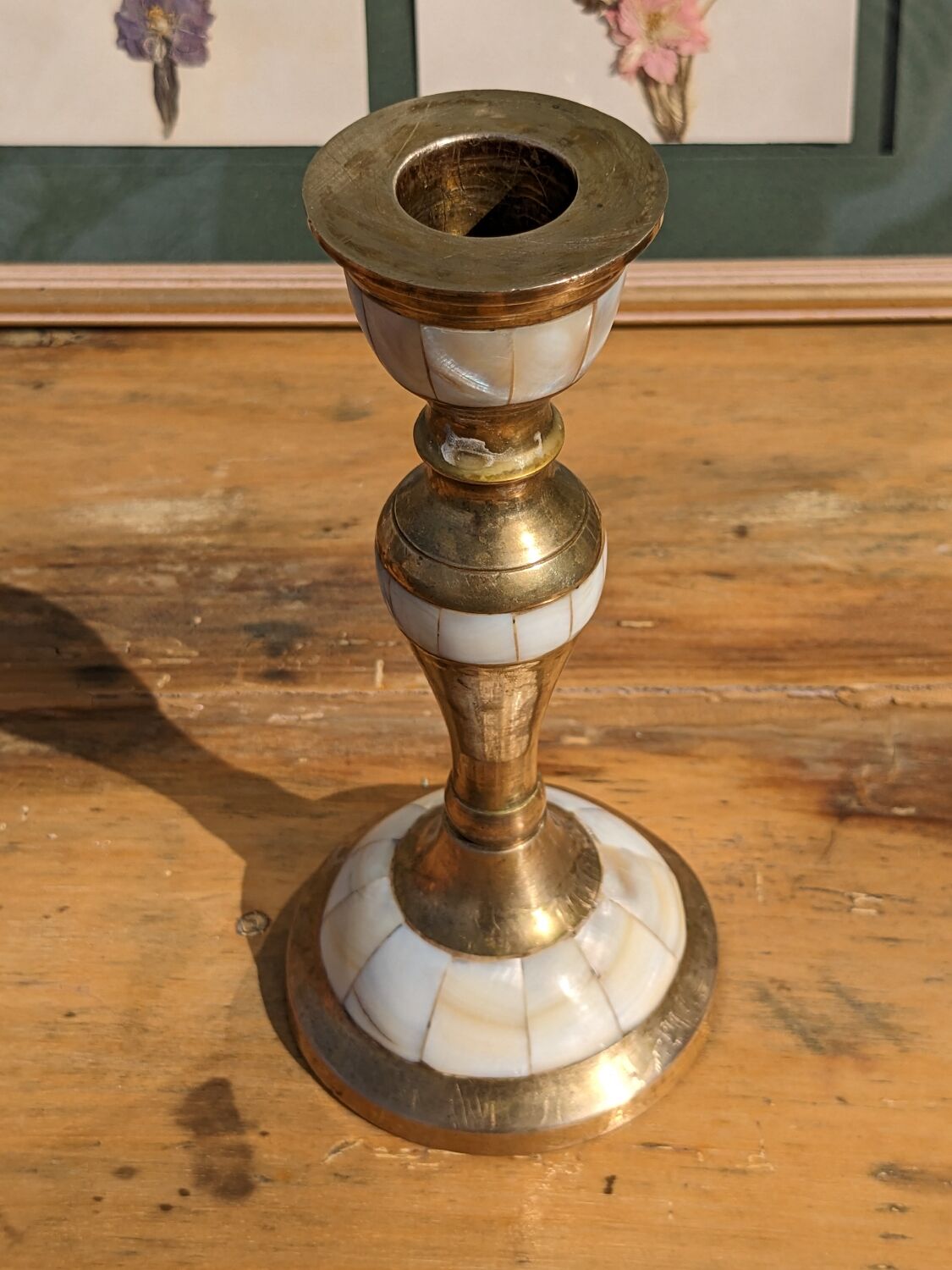 Brass and mother-of-pearl candle holder